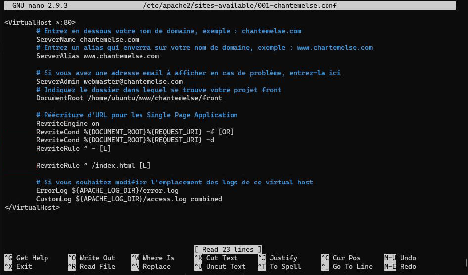 Configuration du virtual host du projet